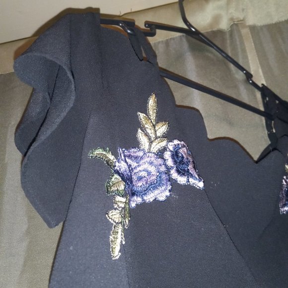 Off the Shoulder, Spaghetti Strap Top with Purple Embroidery near Cap sleeves. - Picture 3 of 4